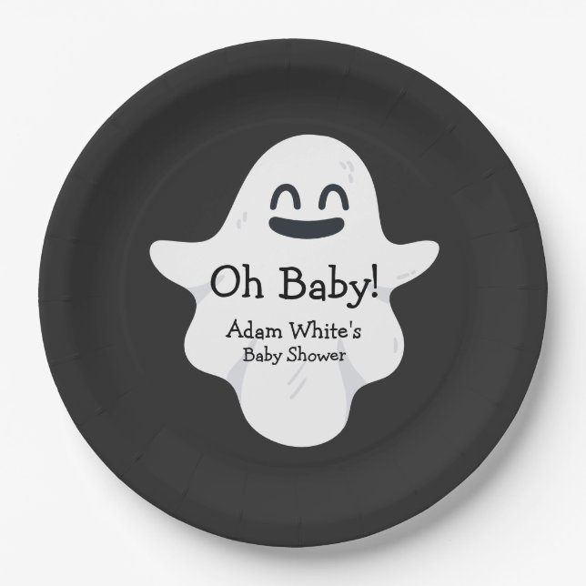 Black & White Oh Baby Ghost Halloween Baby Shower Paper Plate (Front)