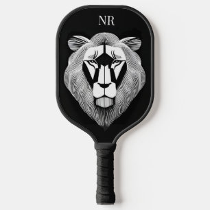 Black & White Old Lion Modern Graphic Monogrammed Pickleball Paddle