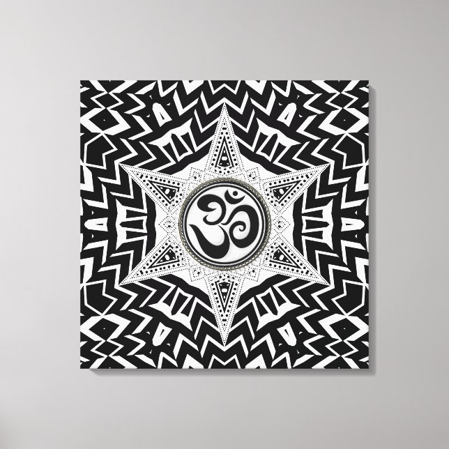 Black+White Om Star Trip Mandala Canvas (Front)
