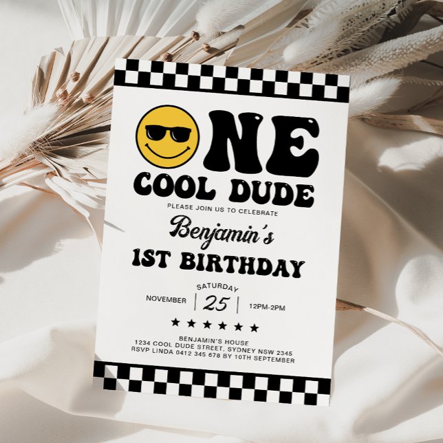 Black White One Cool Dude Boy 1st Birthday Party Invitation (Creator Uploaded)