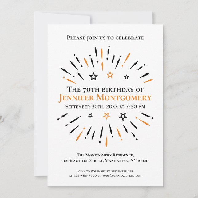 Black White Orange 70th Birthday Party Fireworks Invitation (Front)