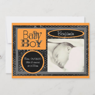 Black white orange baby boy photo announcements