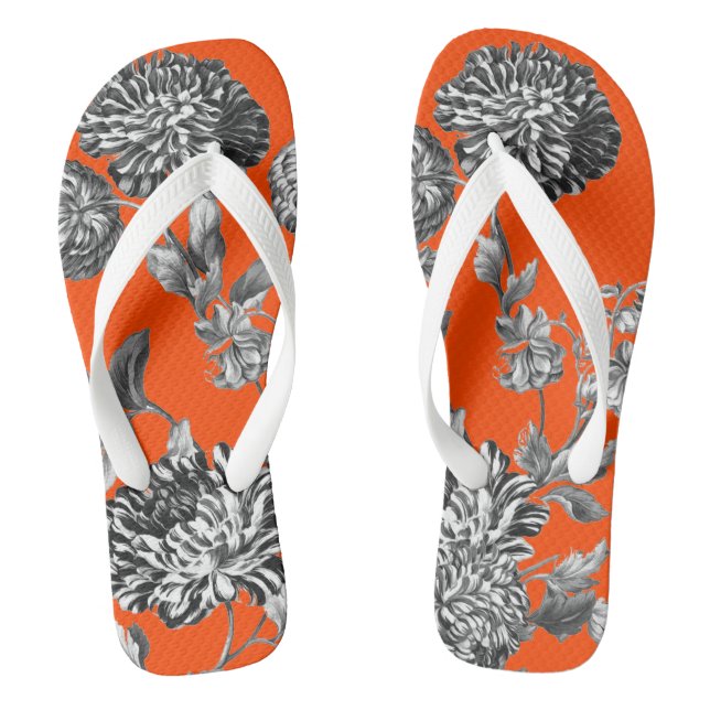 Black & White Orange Botanical Floral Toile Jandals (Footbed)