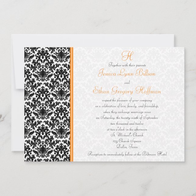 Black, White, Orange Damask Wedding Invitation (Front)