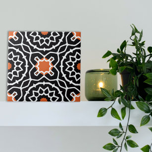 Black White Orange Moroccan Geometric Pattern Tile