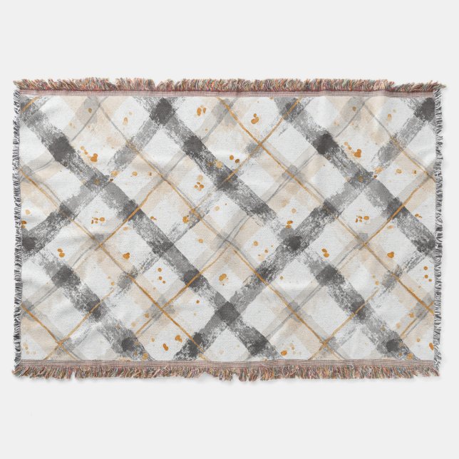 Black White Orange Plaid Throw Blanket (Front)