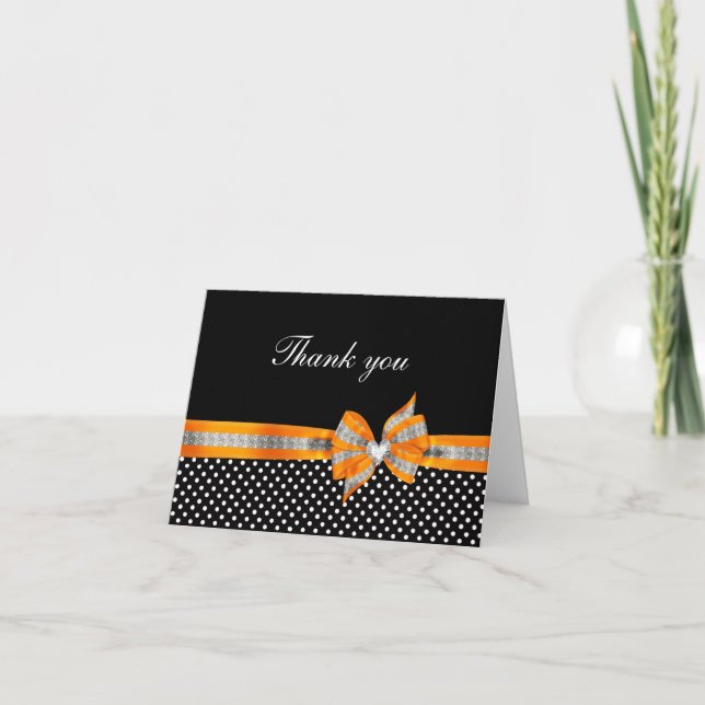 Black White Orange Polka Dot Thank You Card (Front)