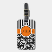 Black, White, Orange Striped Damask Luggage Tag