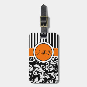 Black, White, Orange Striped Damask Luggage Tag