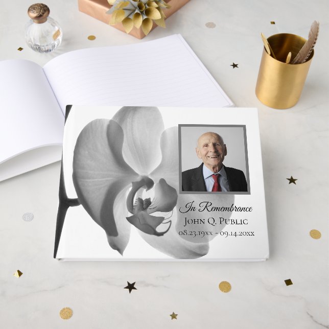 Black White Orchid Celebration of Life Memorial Guest Book (Front Open)