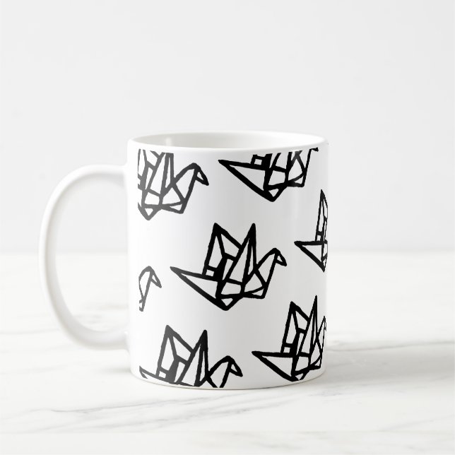 Black & White Origami Paper Crane Linocut Coffee Mug (Left)