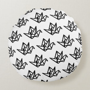 Black & White Origami Paper Crane Linocut Round Cushion