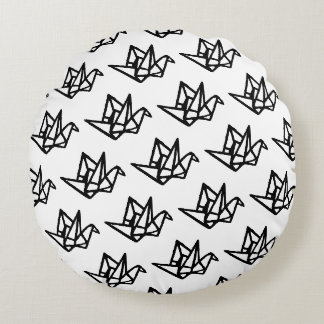 Black & White Origami Paper Crane Linocut Round Cushion