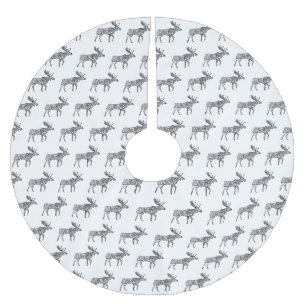 Black & White Ornamental Walking Moose Silhouette Brushed Polyester Tree Skirt