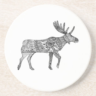 Black & White Ornamental Walking Moose Silhouette Coaster