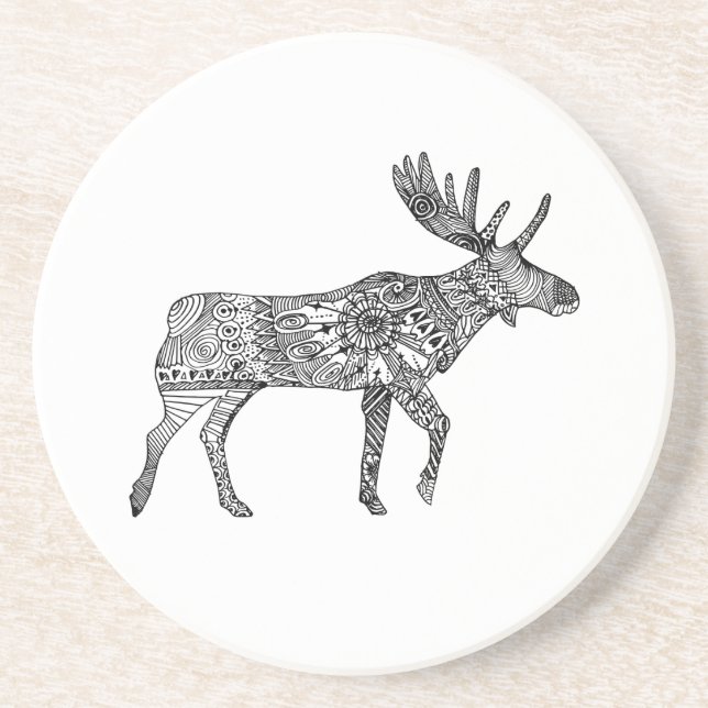 Black & White Ornamental Walking Moose Silhouette Coaster (Front)