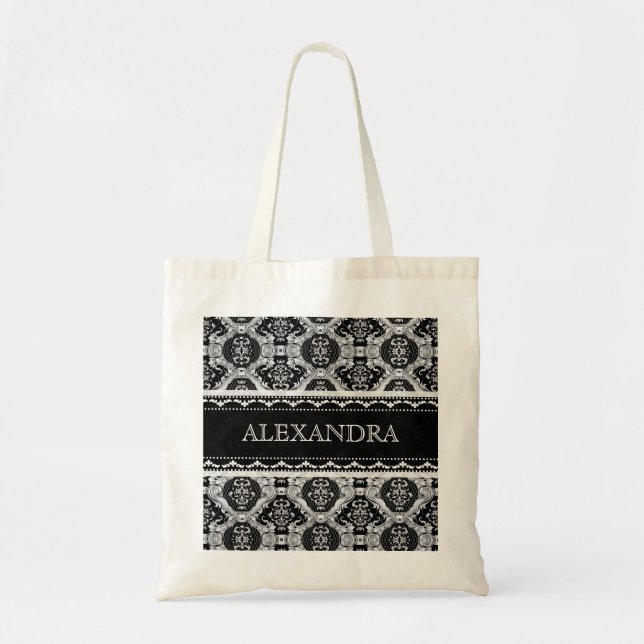 Black & White Ornate Baroque Pattern -Monogram Tote Bag (Front)
