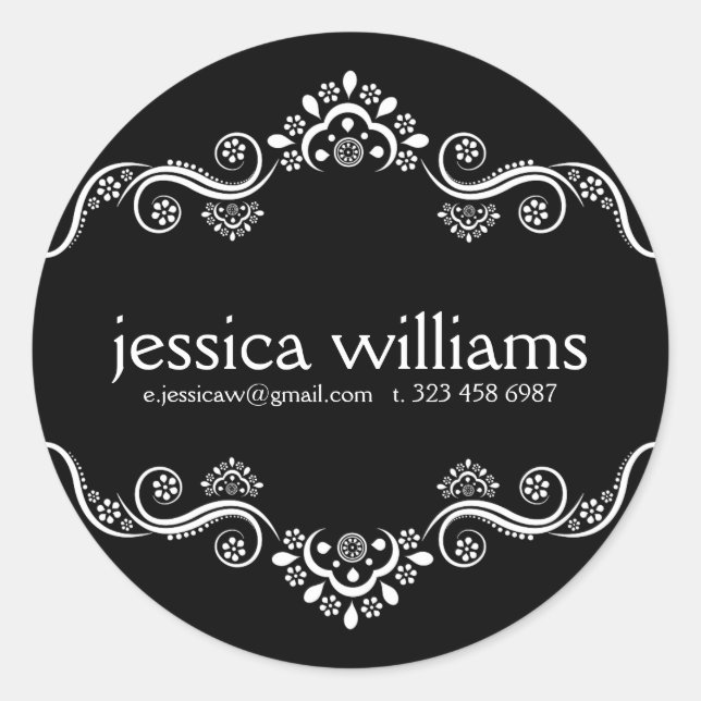 Black & White ornate Border Frame Classic Round Sticker (Front)