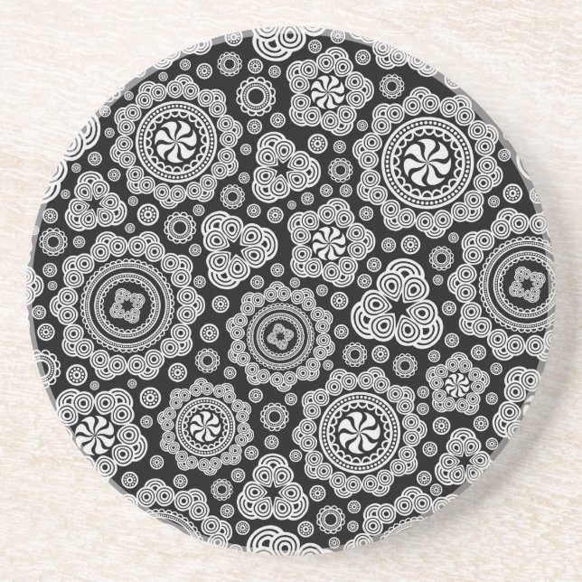 Black & White Ornate Circles Pattern Coaster (Front)
