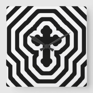 Black & White Ornate Cross with Concentric Stripes Square Wall Clock
