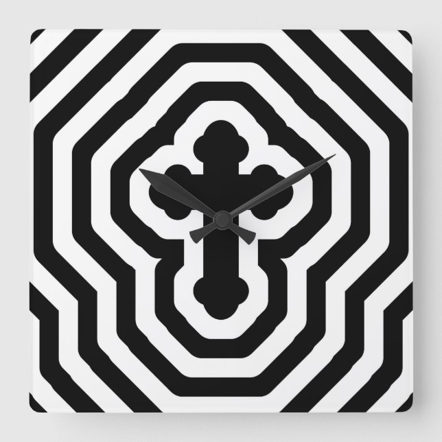 Black & White Ornate Cross with Concentric Stripes Square Wall Clock (Front)
