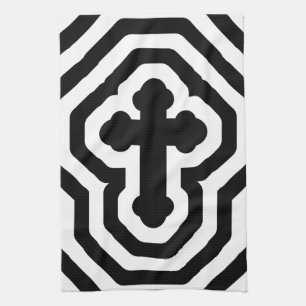 Black & White Ornate Cross with Concentric Stripes Tea Towel