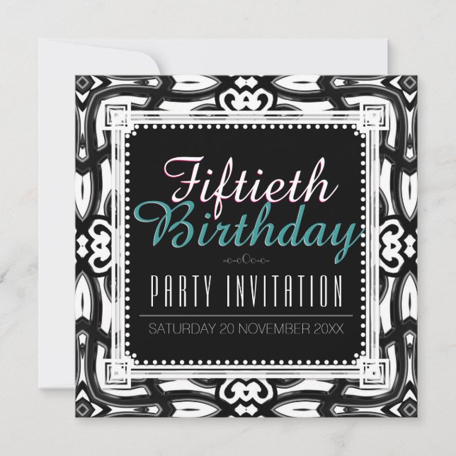 Black & White Ornate Decor 50th Birthday Party Invitation (Front)