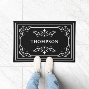 Black White Ornate Decorative Swirls Custom Name Doormat