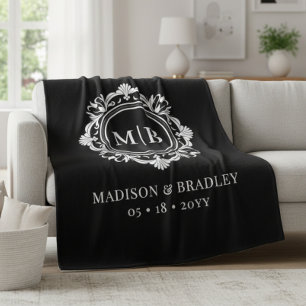 Black White Ornate Floral Monogram Wedding Gift Fleece Blanket