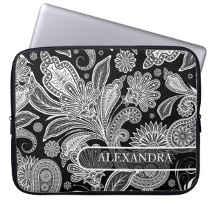 Black & White Ornate Floral  Pattern Laptop Sleeve