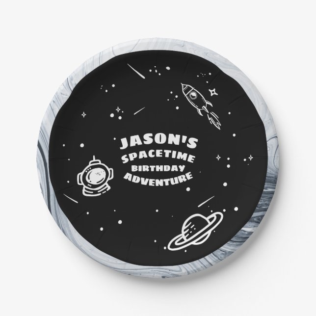 Black White Outer Space Astronaut Birthday Plate (Front)