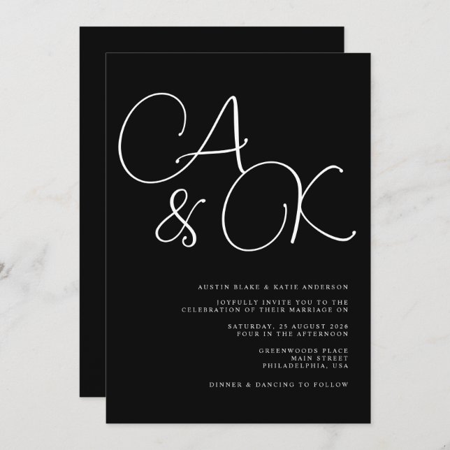 Black & White Oversized Names Monogram Wedding Invitation (Front/Back)