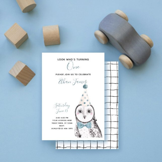 Black & White Owl 1st Birthday Boy Party Invitation (Creator Uploaded)