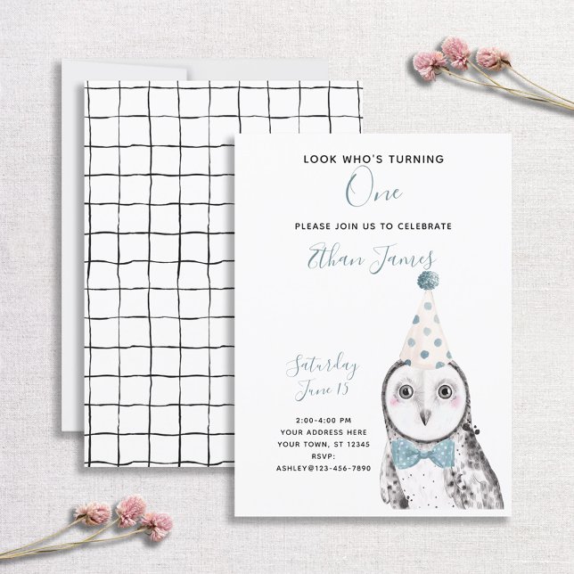 Black & White Owl 1st Birthday Boy Party Invitation (Creator Uploaded)