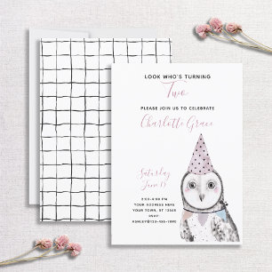 Black & White Owl 2nd Birthday Girl Party Invitation