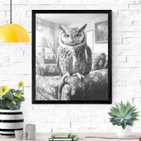 Black White Owl on Living Room Chair Illustration