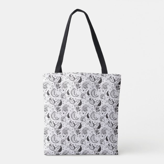 Black White Paisley Designer Tote Bag (Back)