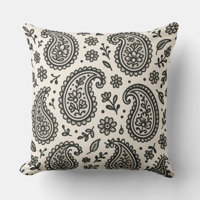 Black & White Paisley Floral Pattern Cushion (Front)