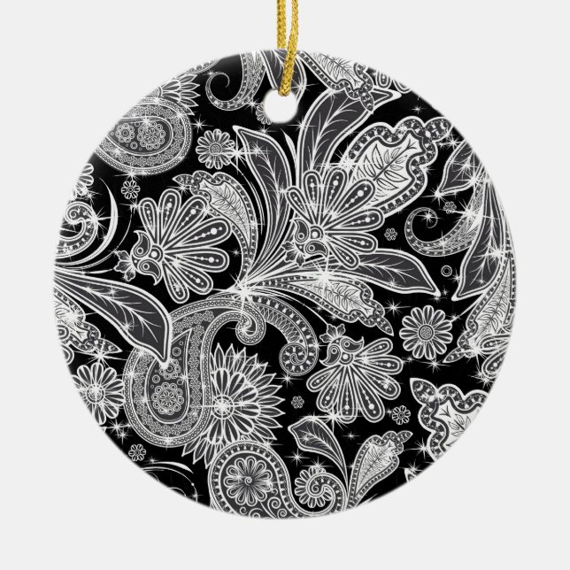 Black & White Paisley Pattern Ceramic Tree Decoration (Front)