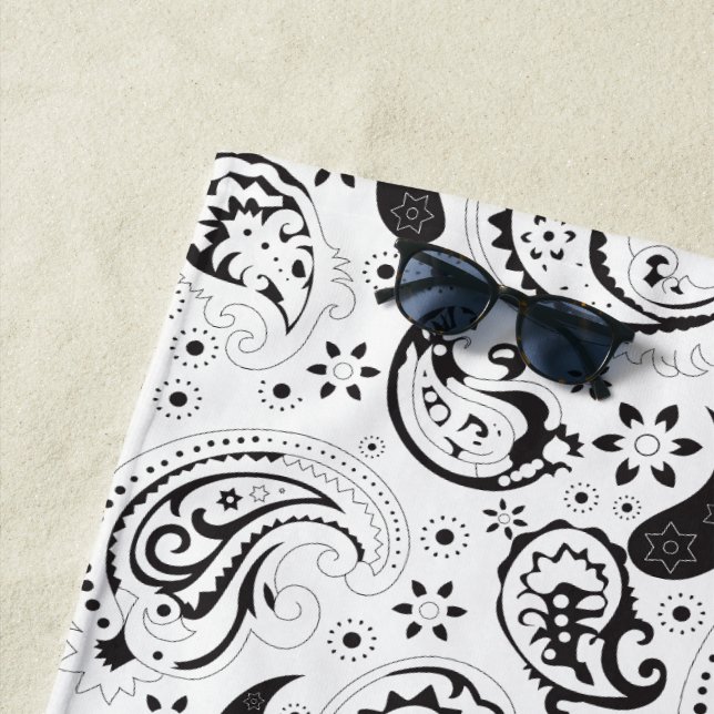 Black & White Paisley Pattern –Elegant Textile Art Beach Towel (In Situ)