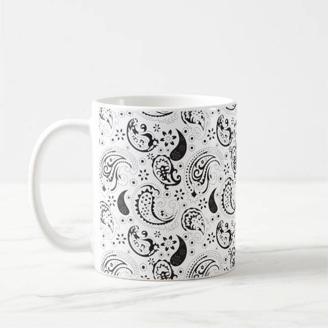 Black & White Paisley Pattern –Elegant Textile Art Coffee Mug (Left)