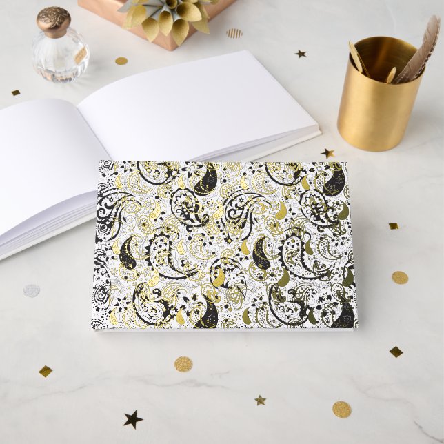 Black & White Paisley Pattern –Elegant Textile Art Guest Book (Front Open)