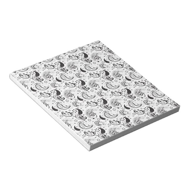 Black & White Paisley Pattern –Elegant Textile Art Notepad (Angled)