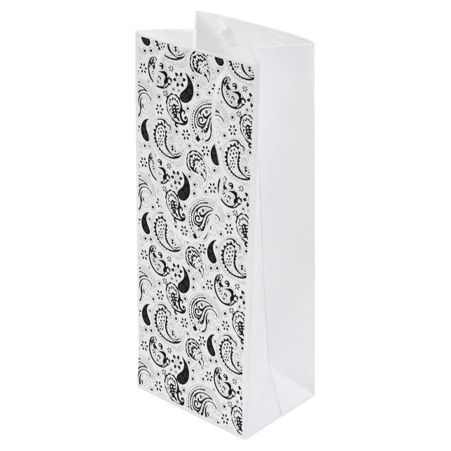 Black & White Paisley Pattern –Elegant Textile Art Wine Gift Bag (Back Angled)
