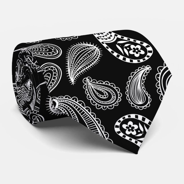 Black white Paisley pattern Tie (Rolled)