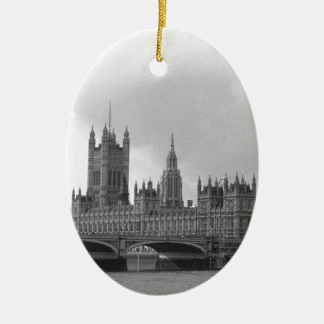 Black White Palace of Westminster Ceramic Tree Decoration (Front)