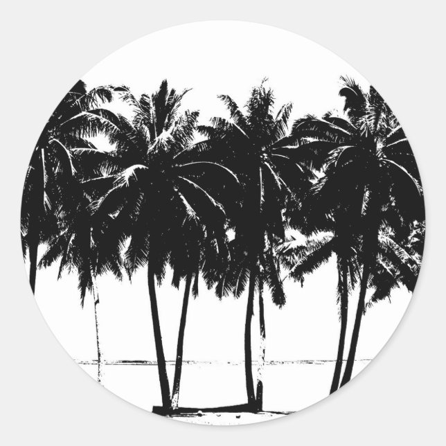 Black White Palm Trees Silhouette Classic Round Sticker (Front)