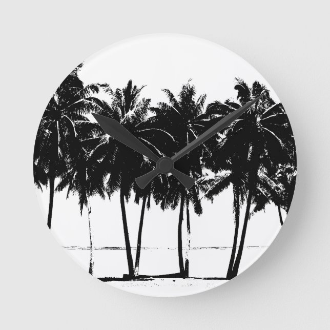 Black White Palm Trees Silhouette Round Clock (Front)