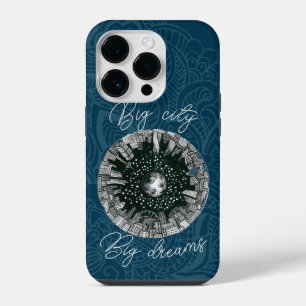 Black & white panorama city under the Moon iPhone 14 Pro Case