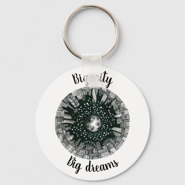 Black & white panorama city under the Moon Key Ring (Front)